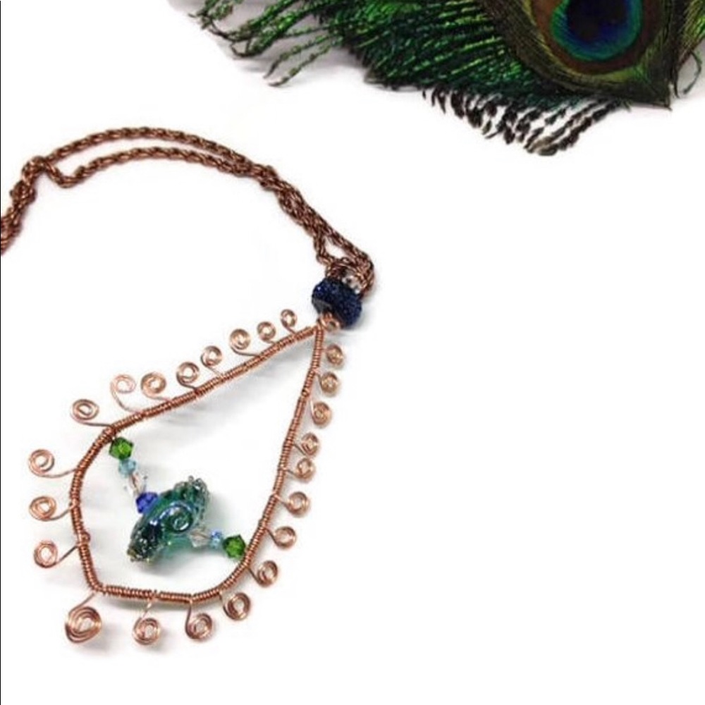 Formal Peacock Wire Wrapped Feather Necklace